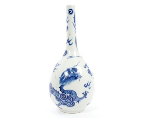 Chinese Qing blue and white bottle vase with painted hoho bird, dragon chasing pearl and cloud decoration - blue seal mark to