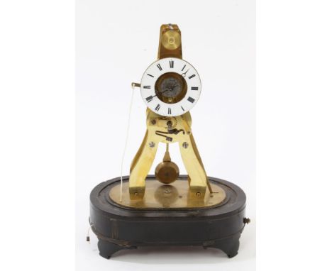 19th century French skeleton alarm clock with white enamel dial with central silvered alarm dial, silk suspension pendulum, b