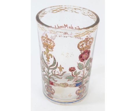 Unusual First World War French soda glass beaker vase enamelled with crown and fleur-de-lis of France, the crown and rose of 