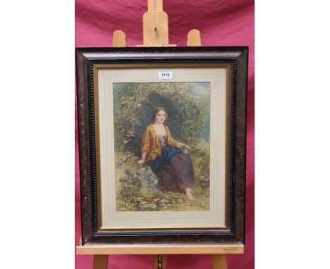 Augustus Jules Bouvier (1825 - 1881), watercolour - portrait of a young lady seated in a bower, signed, in glazed frame, 38cm