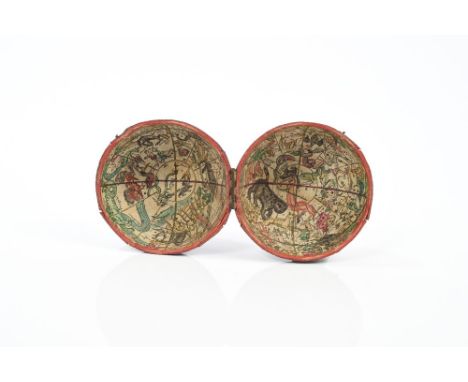 Rare 18th century shagreen pocket globe case, lined to the inside with hand-coloured celestial zodiac, interior dimensions ap