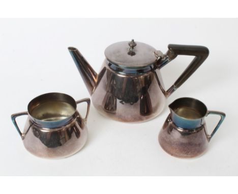 Edwardian silver three piece tea set - comprising teapot of tapering form, with ebonised handle, straight spout and hinged co