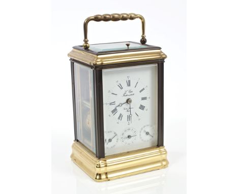 Contemporary French brass repeating alarm carriage clock with subsidiary day, date and alarm dials, signed - 'L'Epee Fonde en