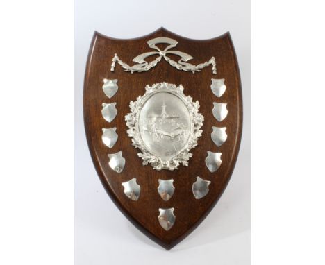 1920s Loveday Challenge Shield for billiards with silver cresting and central embossed plate with oak leaf and acorn surround