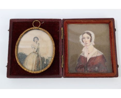 English School, circa 1820, half-length watercolour on ivory portrait miniature of a lady in red dress and white lace bonnet,