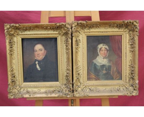 Pair Victorian English School oils on canvas - portrait of a lady and gentleman, in gilt frames, 24cm x 19cm