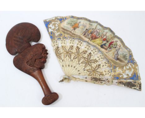 Ornate carved wooden Maori club, relief-carved with geometric designs and stylised profile portrait, 34cm high, together with