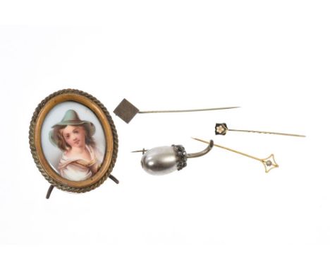 Antique cut steel and simulated grey pearl 'fruit' brooch, 19th century Continental porcelain miniature and three stick pins 