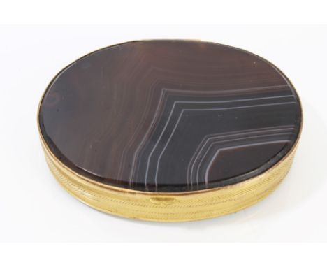 19th century Continental gilt metal mounted banded agate snuff box of oval form, hinged cover, 7.5cm wide