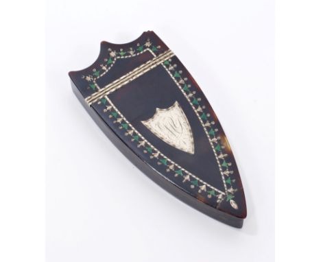 George III tortoiseshell and silver and green enamel snuff box of elongated shield-shape form, with central metal shield-shap