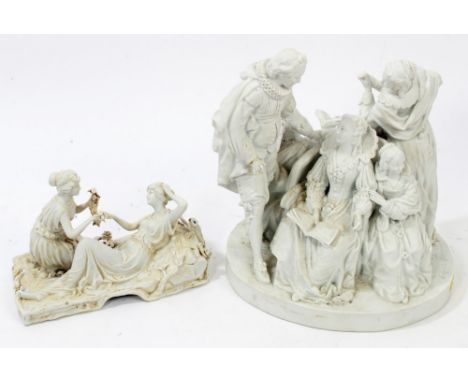 19th century French, possibly Sèvres, bisque porcelain figure group of figures in conversation, signed - D'après Van Loo, 24c