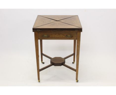 Victorian rosewood and marquetry inlaid envelope card table, square hinged top enclosing fitted interior with baize playing s