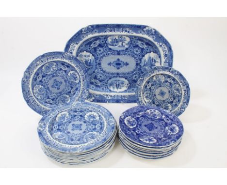 Early 19th century Spode blue and white net pattern dinner service with printed chinoiserie landscape reserves - comprising t