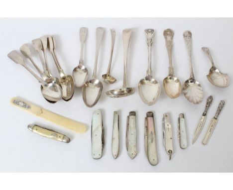 Selection of miscellaneous Georgian and later silver - including caddy spoon, spice ladle, sifter spoon, five matching fiddle