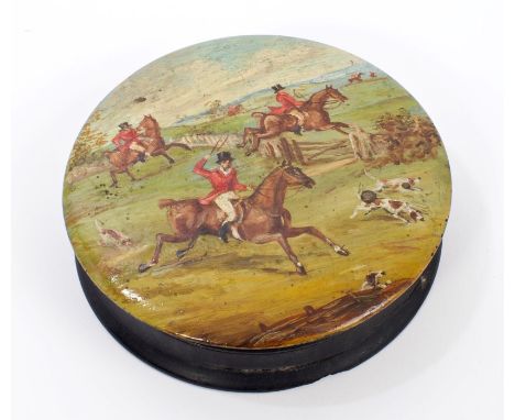 19th century painted turned wooden snuff box of circular form, painted with a jocular fox-hunting scene, 10cm high