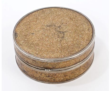 18th century mother of pearl and silver mounted snuff box of circular form, with removable cover, each face with crushed moth