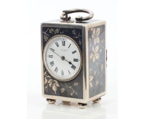 Fine late 19th century Swiss miniature minute-repeating carriage clock in silver niello work case, the circular white dial si