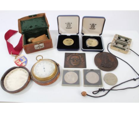 Sundry works of art - to include early 20th century pocket barometer, cased, 19th century bronze medallion, bronze plaque com