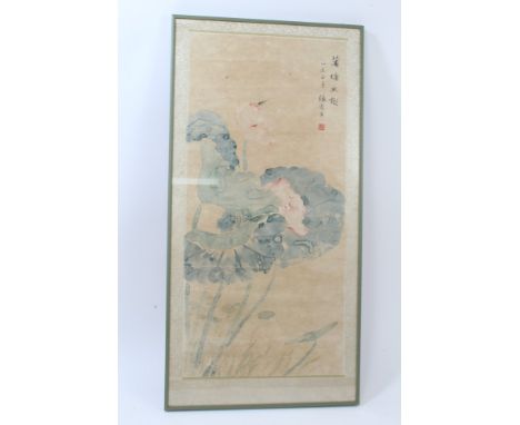 Late 19th / early 20th century Chinese ink painting depicting a dragonfly on a blooming shrub - character marking and seal ma