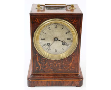 Mid-19th century French mantel clock with silvered dial, cylinder movement striking on a bell, in inlaid rosewood case with g