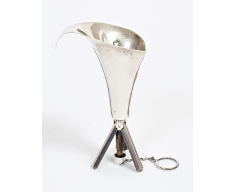 Rare Victorian bridesmaids' silver posy holder, realistically modelled in the form of a Calla Lily, with spring-loaded tripod