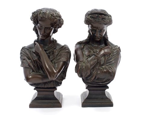 Jean Baptiste Clésinger (1814 - 1883), near pair of 19th century French bronze busts of classical females, the first with dag