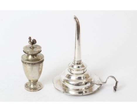 Old Sheffield plate wine funnel with silver gilt filter and detachable nozzle, together with a white metal pounce pot in the 