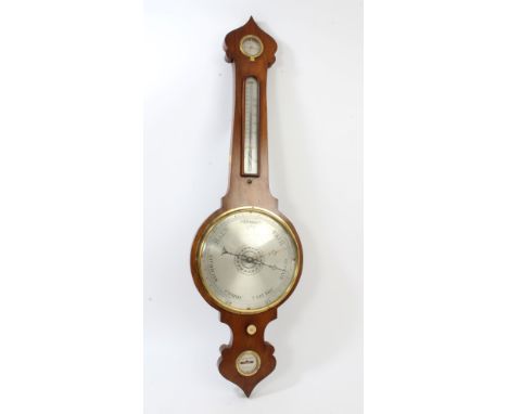 19th century banjo barometer with silvered dial and scales, signed - Harrison, London, in walnut case, 102cm