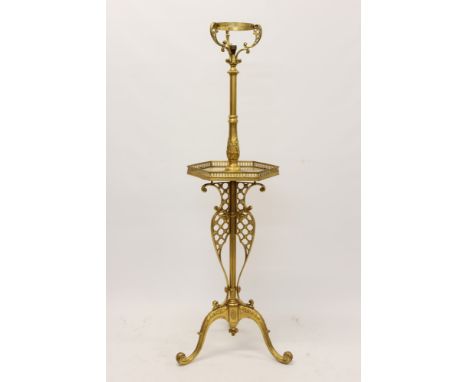 Late 19th / early 20th century French ormolu and onyx oil lamp standard with leaf-clad column and hexagonal galleried tier ra
