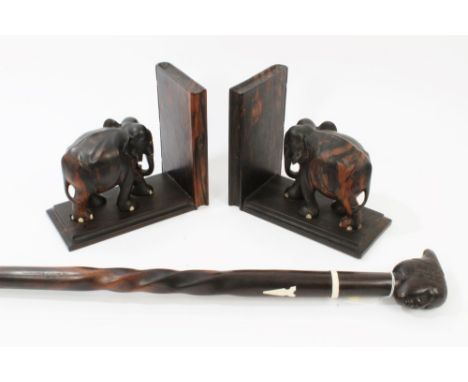 Pair of antique African carved coromandel elephant bookends, 20cm deep, together with an African carved coromandel and bone m