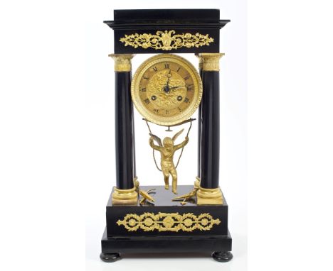 Good quality early 19th century French portico clock with gilt circular dial, signed on dial and movement - 'Villemsens A Par