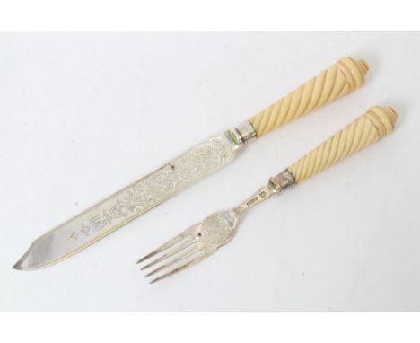 Fine quality cake knife and fork with engraved silver blades and carved ivory twist handle (Sheffield 1891), maker - T. C. / 