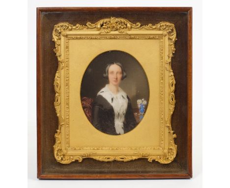 English School, circa 1850, miniature portrait on ivory of a lady in black dress with ermine trim, 14cm x 11cm (oval), in fin