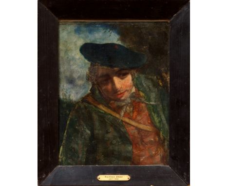 Attributed to Richard Dadd (1817 - 1886), oil on board - portrait of a rustic man, a partial oil sketch verso, framed, 24.5cm