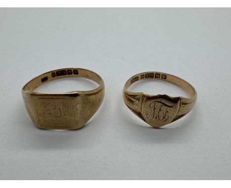 A Vintage 9ct Gold Signet Ring, the monogrammed centre panel (rubbed), between tapered shoulders (finger size T), together wi