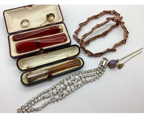 A Collection of Antique and Later Items, to include a chalcedony inlaid stick pin, a "923" silver mounted cheroot holder in f
