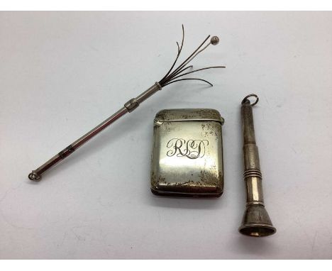 An Antique Hallmarked Silver Vesta Case, Birmingham 1919, of plain design with monogrammed "RLD", housing matches, together w