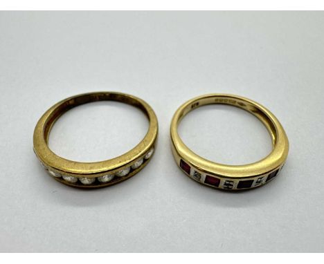 A 9ct Gold Stone Set Ring, the rubover set stones alternately diamond illusion set, between tapered band (finger size N), tog