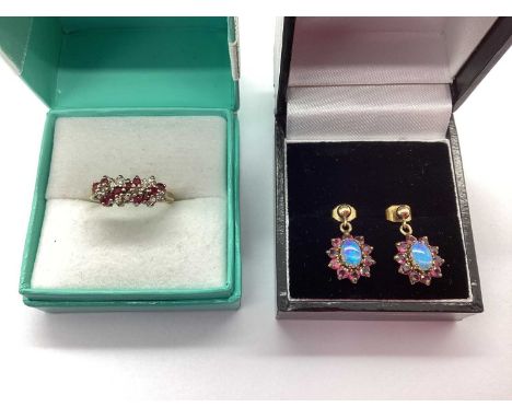 A 9ct Gold Diamond and Ruby Set Cluster Ring, (finger size L), together with a pair of 9ct gold stone set drop earrings, of c