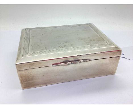 A Hallmarked Silver Cigarette Box, (marks rubbed), of rectangular form with engine turned border to hinged lid, approximately