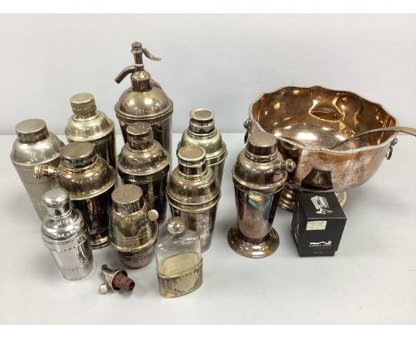 An Assortment of Plated Cocktail Shakers, including cork stoppers, etc, with a plated punch bowl, ladle, etc :- One TrayThere