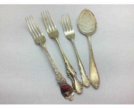 An Assortment of Hallmarked Silver Cutlery, including Victorian decorative table fork, Edwardian jam spoon with floral decora