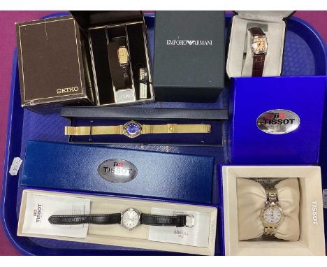 An Assortment of Ladies Wristwatches, to include Tissot PR50, Seiko Quartz, Swatch Irony, etc, all boxed. (5)