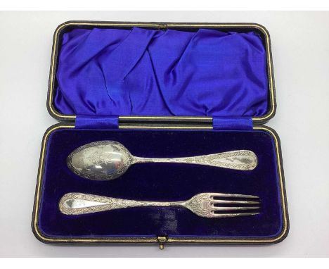 A Victorian Hallmarked Silver Christening Set, RMEH, London 1871, comprising fork and spoon of decorative design, in original