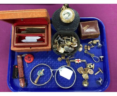 An Assortment of Gent's Accessories, to include antique style stud pins, enamelled tie clip, sleeve cuffs, cufflinks, etc, a 