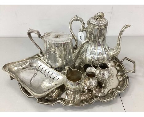 A Collection of Platedware, to include a James Dixon &amp; Sons decorative coffee pot, of gadrooned design with scrolling dec