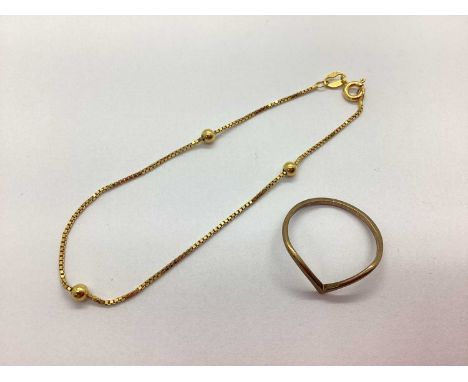 A Modern 9ct Gold Beaded Bracelet, the beaded spacers to box link style connections, 17cm long; A 9ct Gold Wishbone Ring, (ma