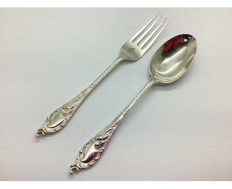 Victorian Hallmarked Silver Matched Dessert Fork and Spoon Set, JDWD, Sheffield 1897, of highly decorative design with scroll