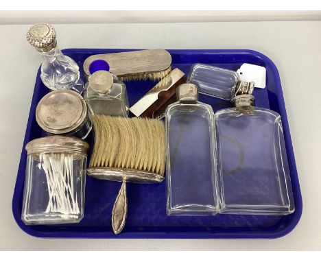 An Assortment of Dressing Table Jars, including hallmarked silver mounted, guilloche enamel topped, cut glass etc, together w
