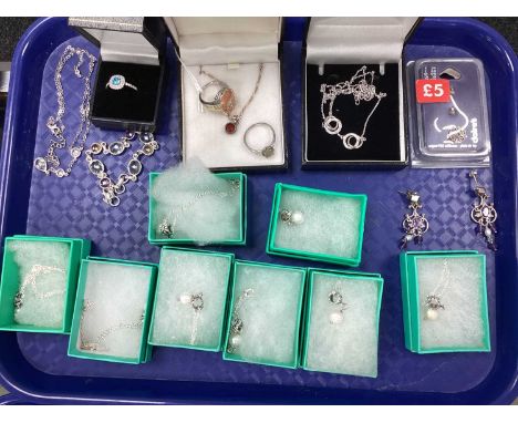 An Assortment of "925" and Other Jewellery, to include stone set drop earrings, necklace and bracelet set, TGGC stone set bra